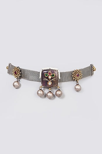 Two Tone Finish Rubies Choker Necklace In Sterling Silver