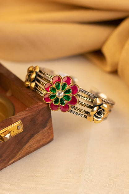 Two-Tone Kundan Polki Temple Bangle In Sterling Silver