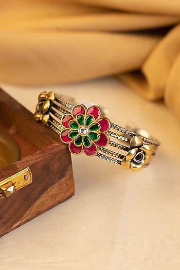 Two-Tone Kundan Polki Temple Bangle In Sterling Silver