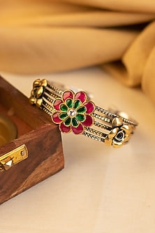 Two-Tone Kundan Polki Temple Bangle In Sterling Silver