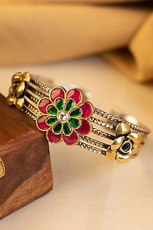 Two-Tone Kundan Polki Temple Bangle In Sterling Silver