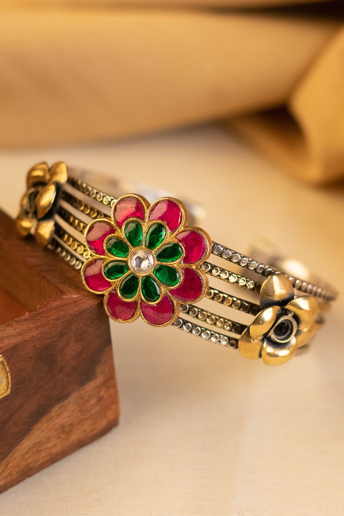 Two-Tone Kundan Polki Temple Bangle In Sterling Silver