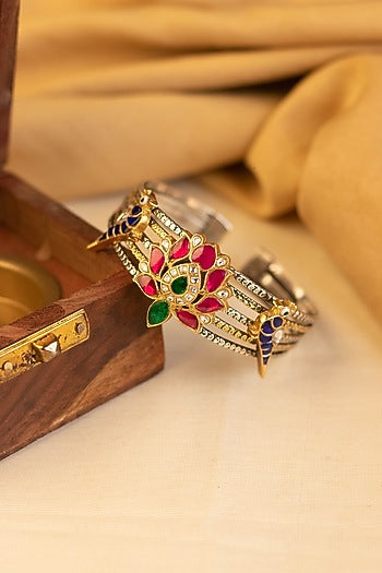 Two-Tone Kundan Polki Temple Bangle In Sterling Silver