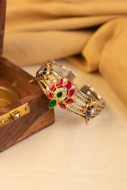 Two-Tone Kundan Polki Temple Bangle In Sterling Silver