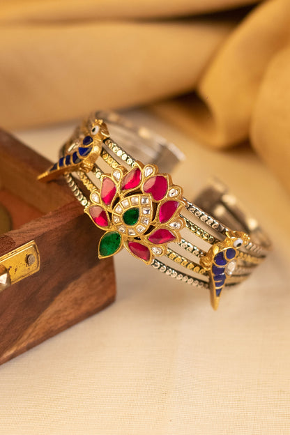 Two-Tone Kundan Polki Temple Bangle In Sterling Silver