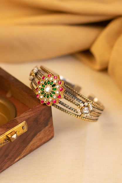 Two-Tone Kundan Polki Temple Bangle In Sterling Silver
