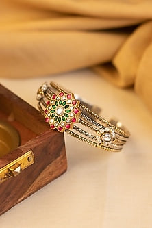 Two-Tone Kundan Polki Temple Bangle In Sterling Silver