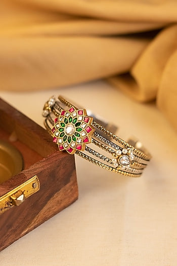 Two-Tone Kundan Polki Temple Bangle In Sterling Silver