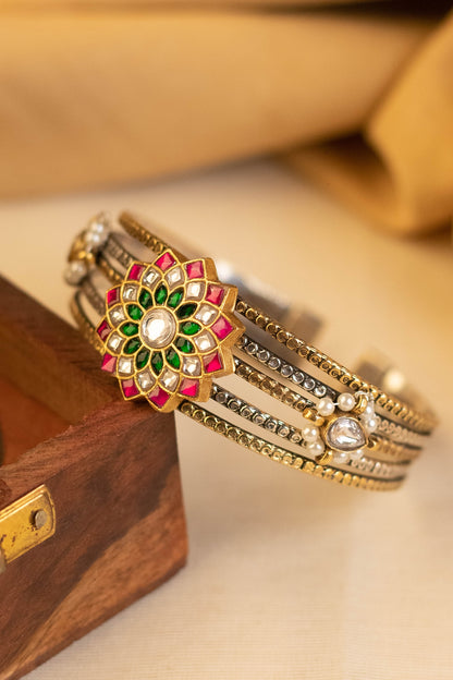 Two-Tone Kundan Polki Temple Bangle In Sterling Silver