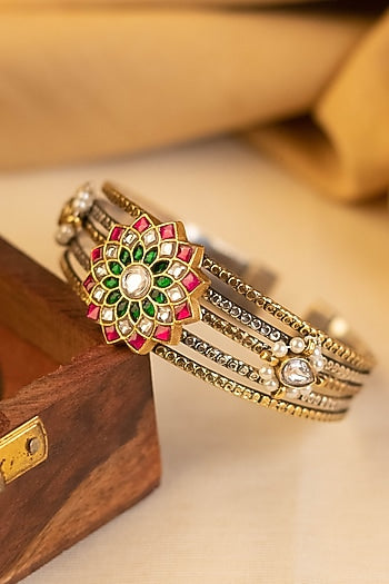 Two-Tone Kundan Polki Temple Bangle In Sterling Silver