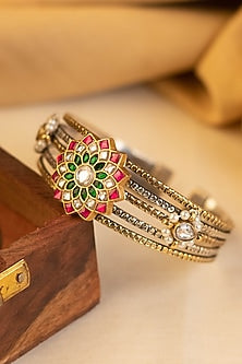 Two-Tone Kundan Polki Temple Bangle In Sterling Silver
