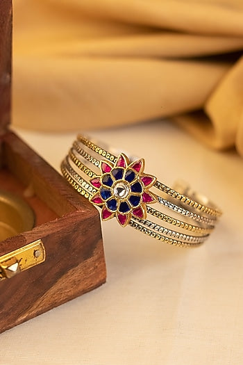 Two-Tone Kundan Polki Temple Bangle In Sterling Silver