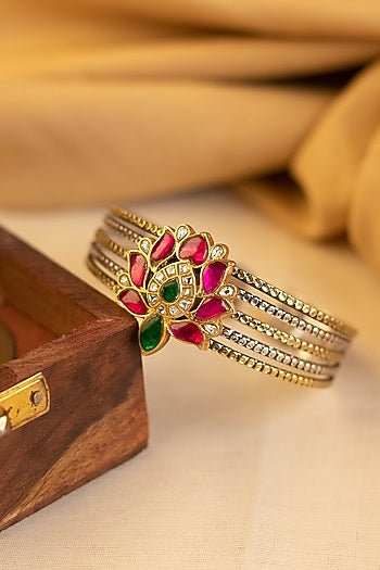 Two-Tone Kundan Polki Temple Bangle In Sterling Silver