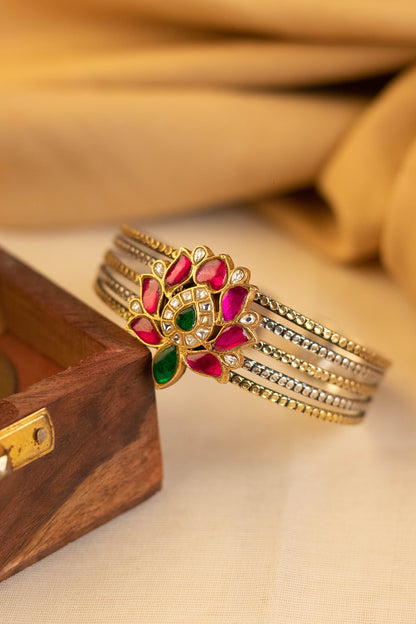 Two-Tone Kundan Polki Temple Bangle In Sterling Silver