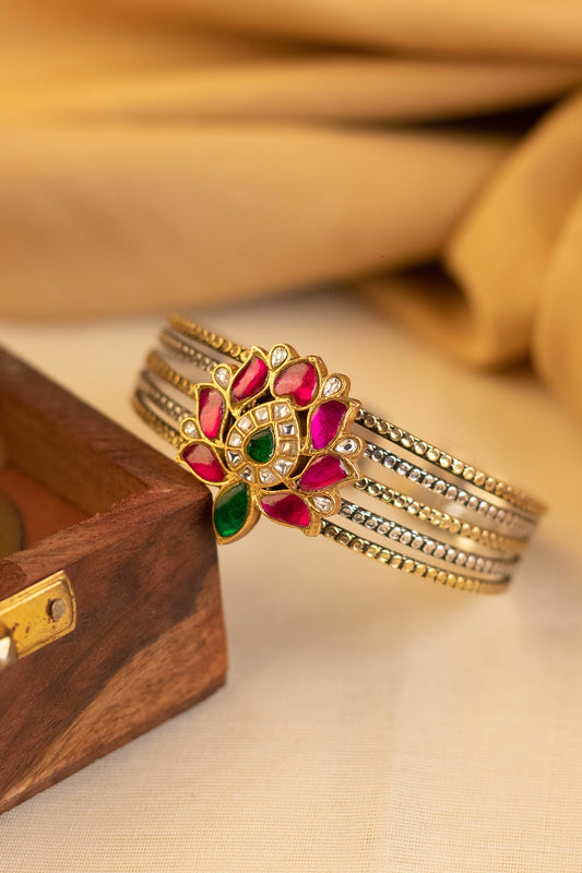 Two-Tone Kundan Polki Temple Bangle In Sterling Silver