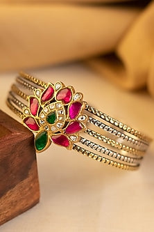 Two-Tone Kundan Polki Temple Bangle In Sterling Silver
