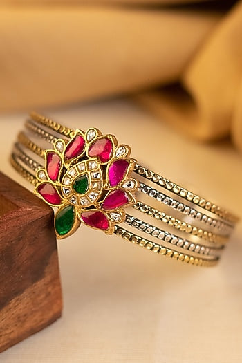 Two-Tone Kundan Polki Temple Bangle In Sterling Silver