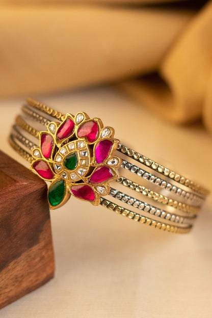 Two-Tone Kundan Polki Temple Bangle In Sterling Silver