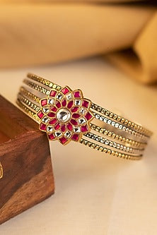 Two-Tone Kundan Polki Temple Bangle In Sterling Silver