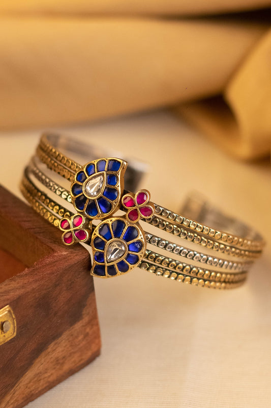 Two-Tone Kundan Polki Temple Bangle In Sterling Silver