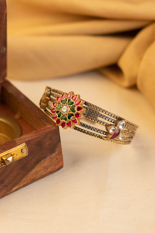 Two-Tone Kundan Polki Temple Bangle In Sterling Silver