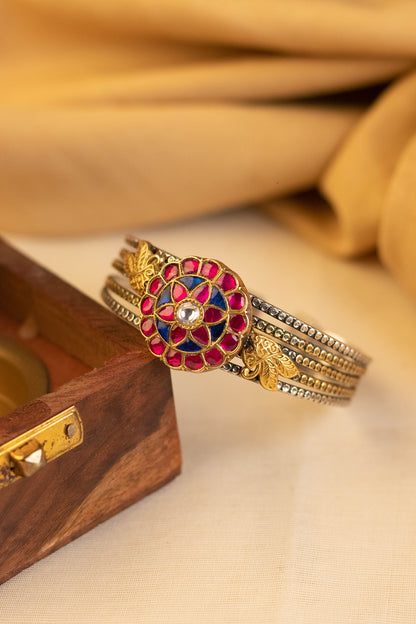 Two-Tone Kundan Polki Temple Bangle In Sterling Silver