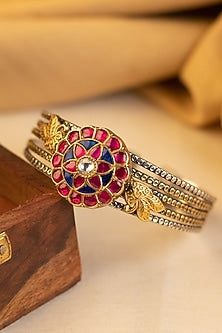 Two-Tone Kundan Polki Temple Bangle In Sterling Silver