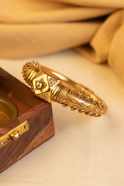 Gold Finish CZ Stone Temple Bangle In Sterling Silver