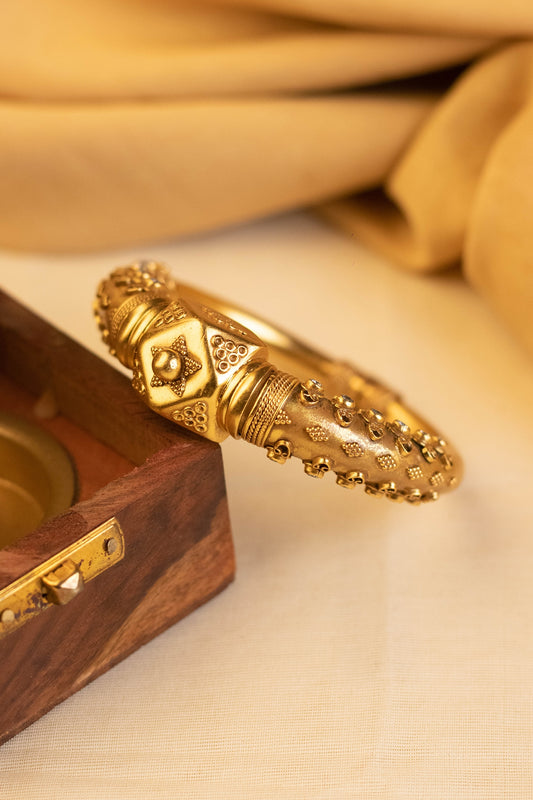 Gold Finish CZ Stone Temple Bangle In Sterling Silver