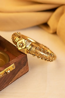 Gold Finish CZ Stone Temple Bangle In Sterling Silver