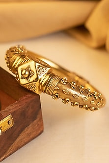 Gold Finish CZ Stone Temple Bangle In Sterling Silver
