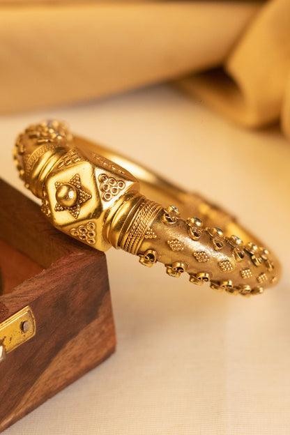 Gold Finish CZ Stone Temple Bangle In Sterling Silver