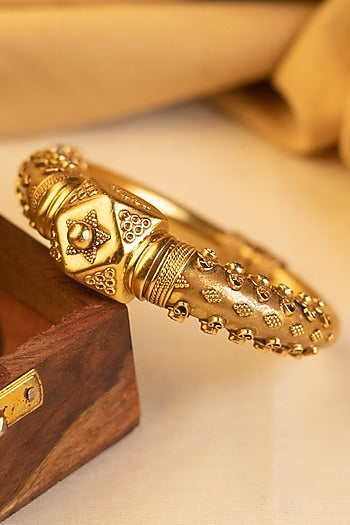 Gold Finish CZ Stone Temple Bangle In Sterling Silver