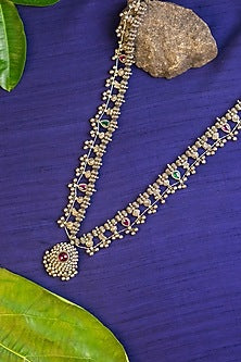 White Finish Red Kemp Stone Long Temple Necklace In Sterling Silver