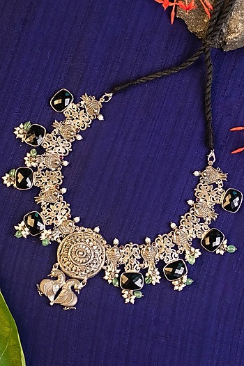 White Finish Onyx & Pearl Temple Necklace In Sterling Silver