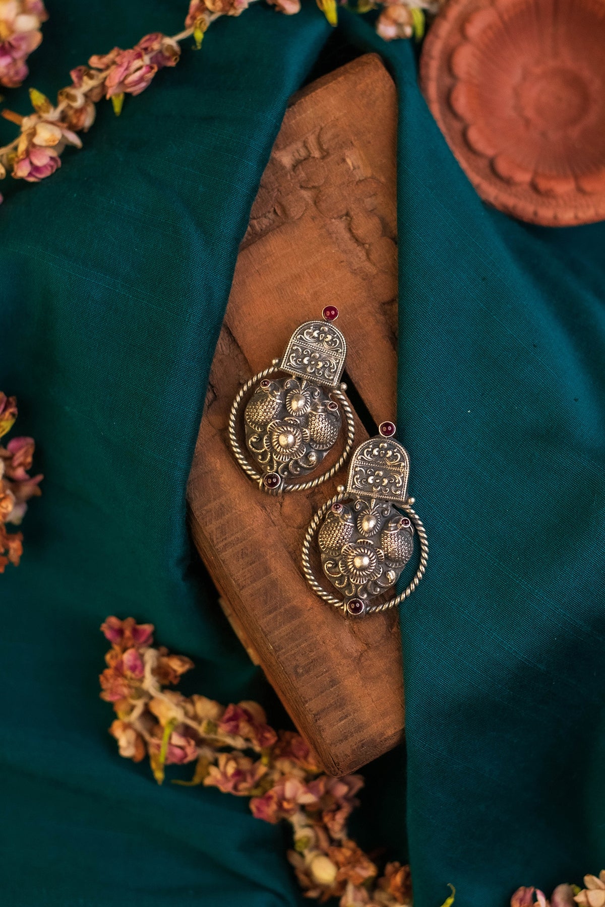 White Finish Kemp Stone Temple Dangler Earrings In Sterling Silver
