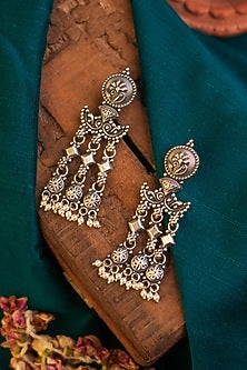 White Finish Kemp Stone Temple Dangler Earrings In Sterling Silver