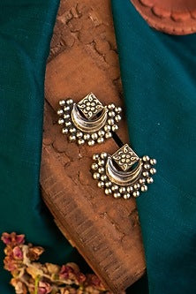 White Finish Temple Dangler Earrings In Sterling Silver