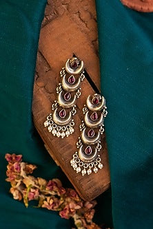 White Finish Kemp stone Temple Dangler Earrings In Sterling Silver