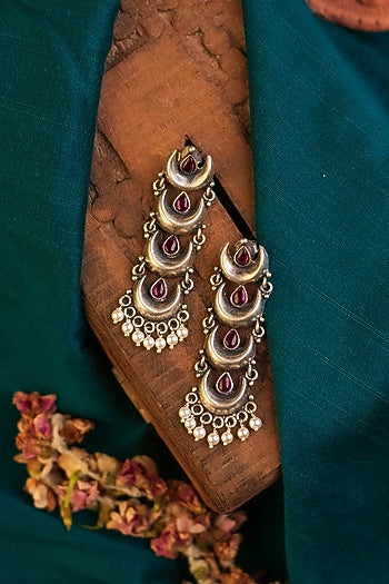 White Finish Kemp stone Temple Dangler Earrings In Sterling Silver