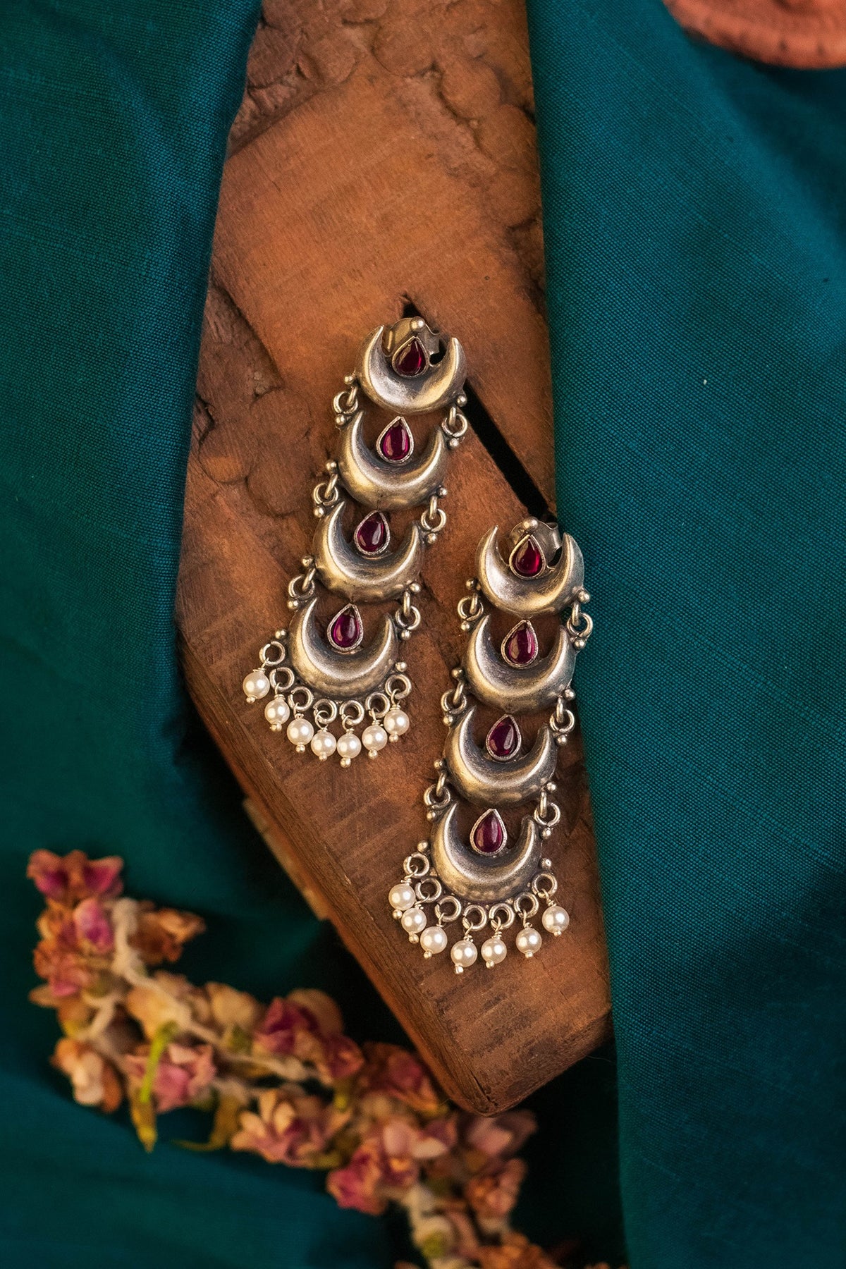 White Finish Kemp stone Temple Dangler Earrings In Sterling Silver