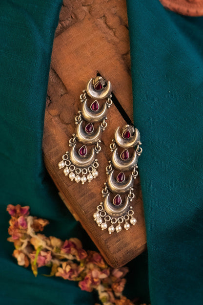 White Finish Kemp stone Temple Dangler Earrings In Sterling Silver