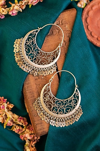 White Finish Temple Chandbali Earrings In Sterling Silver