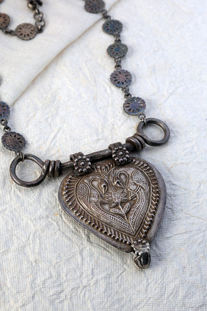 White Finish Motif Long Tribal Necklace In Sterling Silver