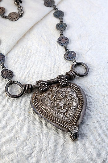 White Finish Motif Long Tribal Necklace In Sterling Silver