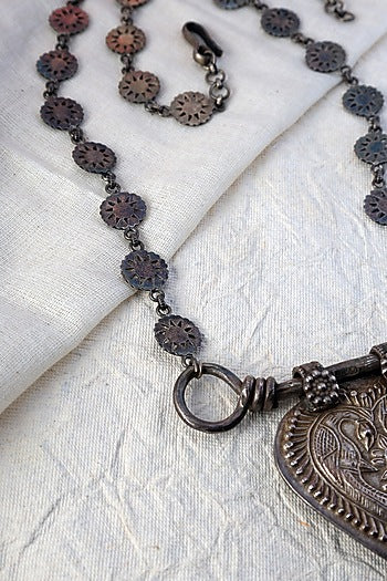 White Finish Motif Long Tribal Necklace In Sterling Silver