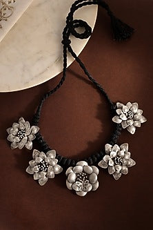 White Finish Floral Temple Necklace In Sterling Silver