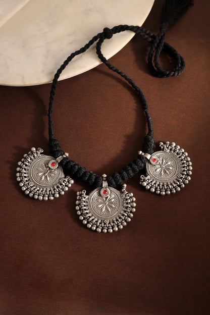 White Finish Motif Tribal Pendant Necklace In Sterling Silver
