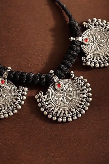 White Finish Motif Tribal Pendant Necklace In Sterling Silver