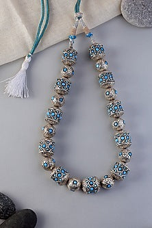 White Finish Turquoise Beaded Temple Necklace In Sterling Silver